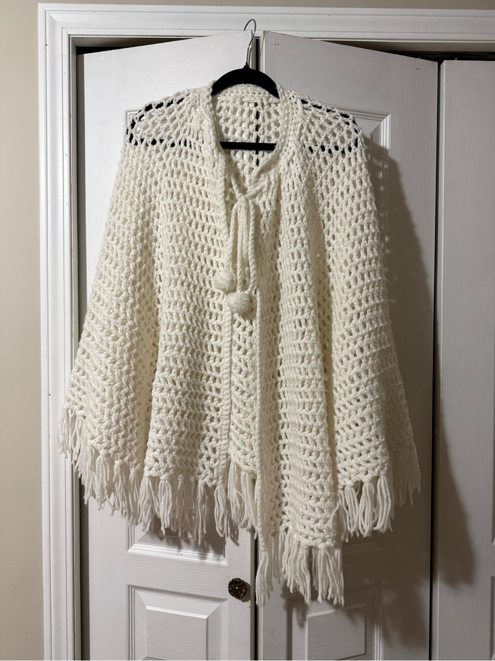 Cream Crochet Fringe Poncho with Pom Tie